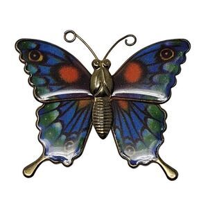 Vintage Gold Tone Enamel Butterfly Brooch Pin Pendant Blue Green Whimsical Gift